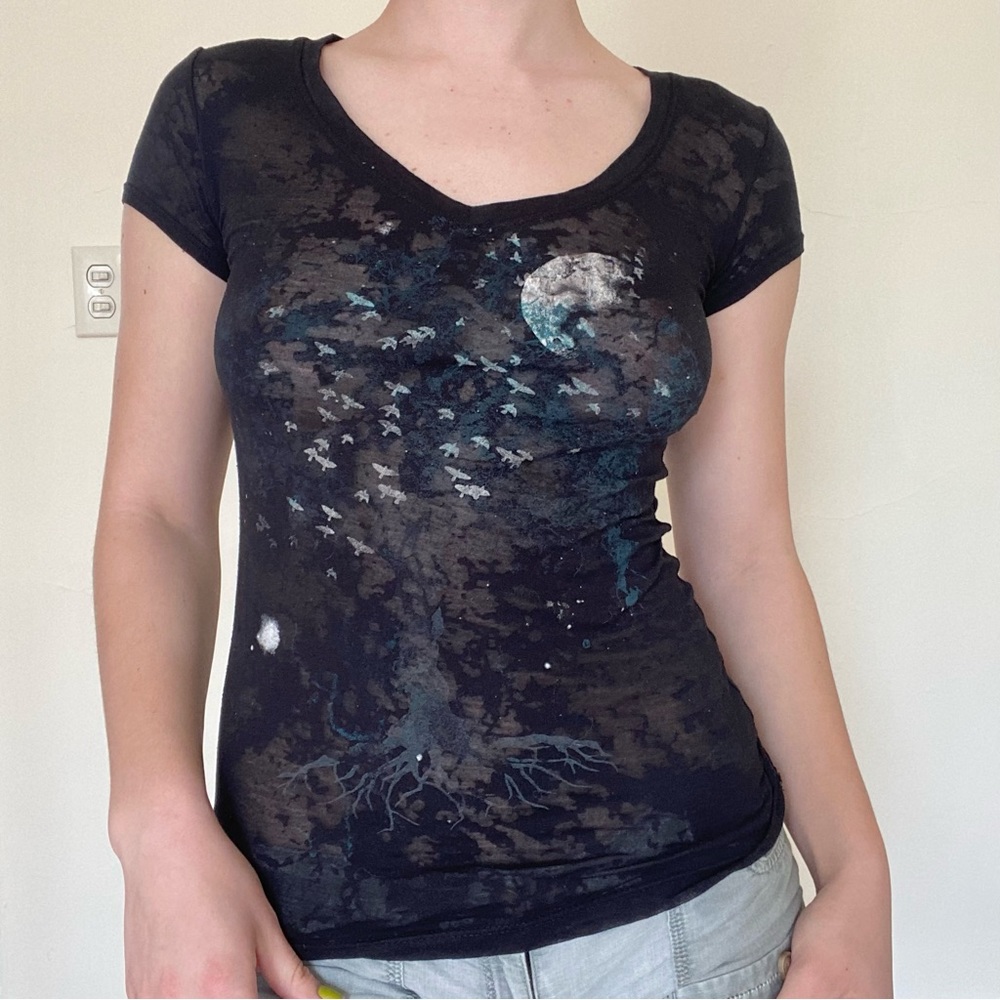 Black and blue tree of life semi sheer graphic tee